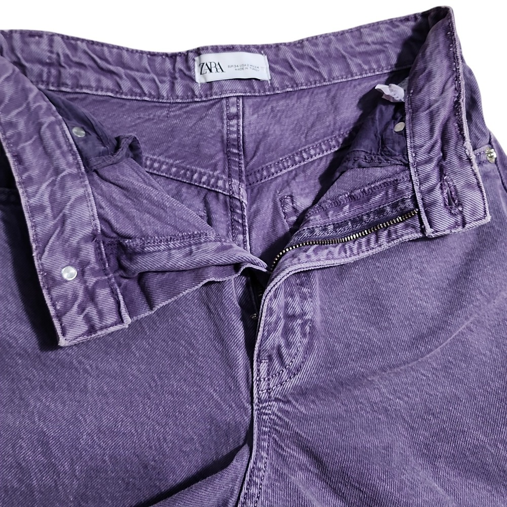 ZARA Purple High Waisted Wide Leg Jeans USA 2 Retro Colorful Denim Pants Boho - Picture 9 of 12